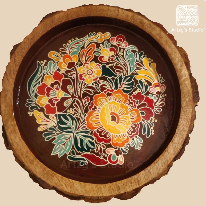 Colourful Flower Design Wooden Round Art Plate