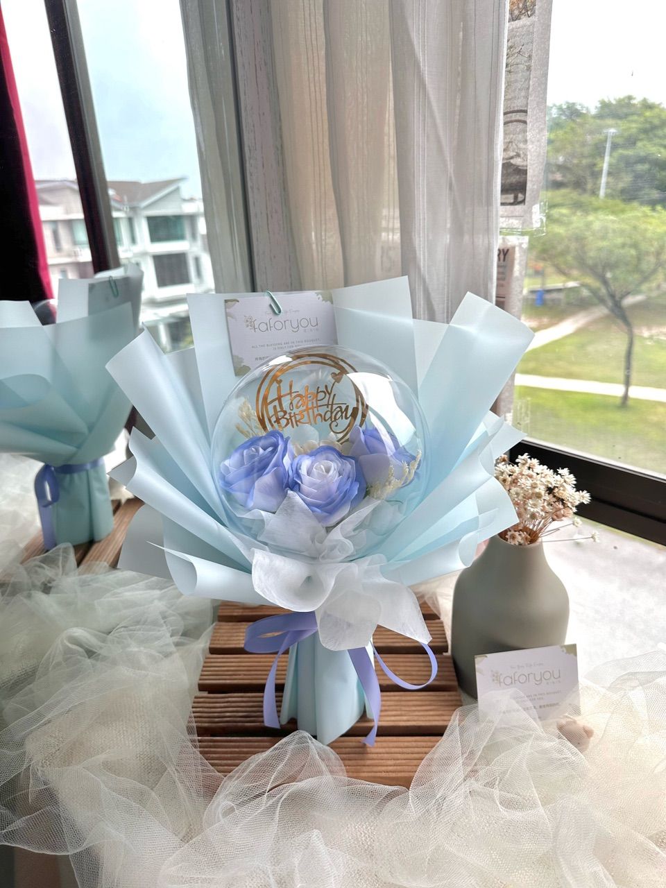 3 Stalk Soap Rose Birthday Acrylic Ball Bouquet