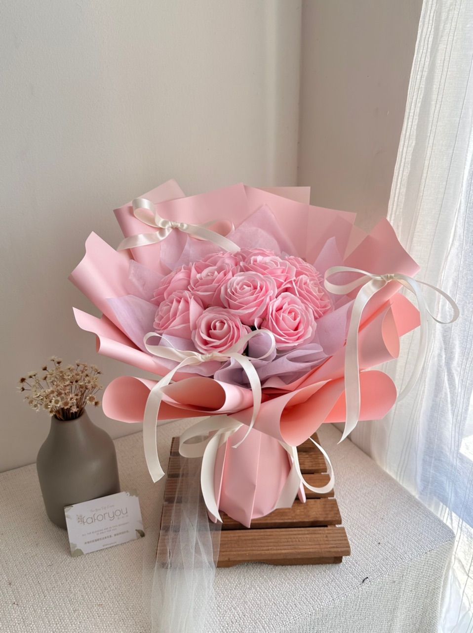 11 Stalk Soap Rose Ribbon Bouquet 