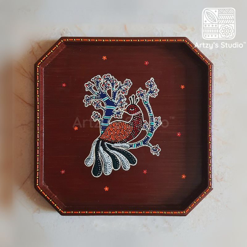 Dark Brown Hexagon Square Shape Medium Peacock design Wooden Tray