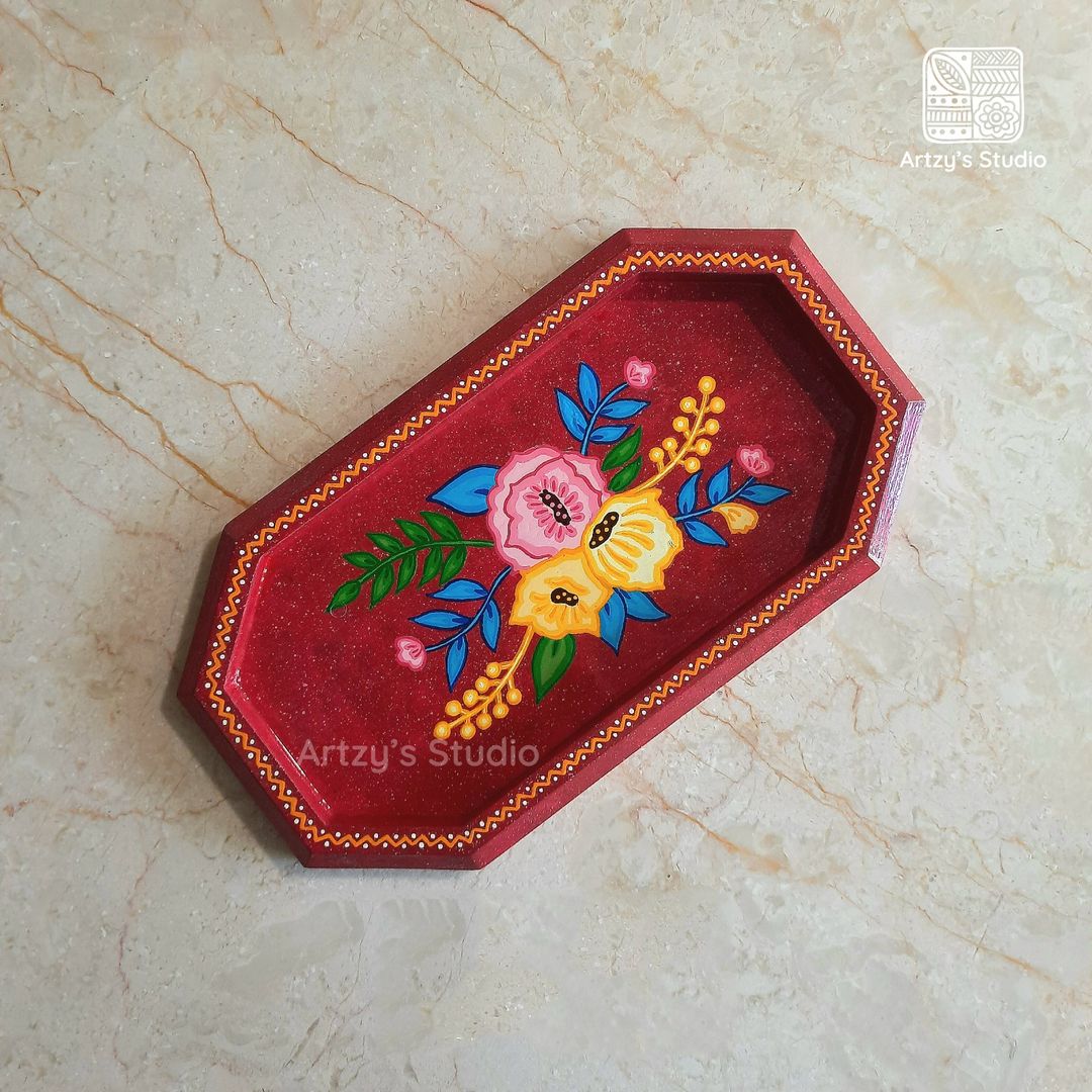 Crimson Color Flower Design Medium Octagon Tray