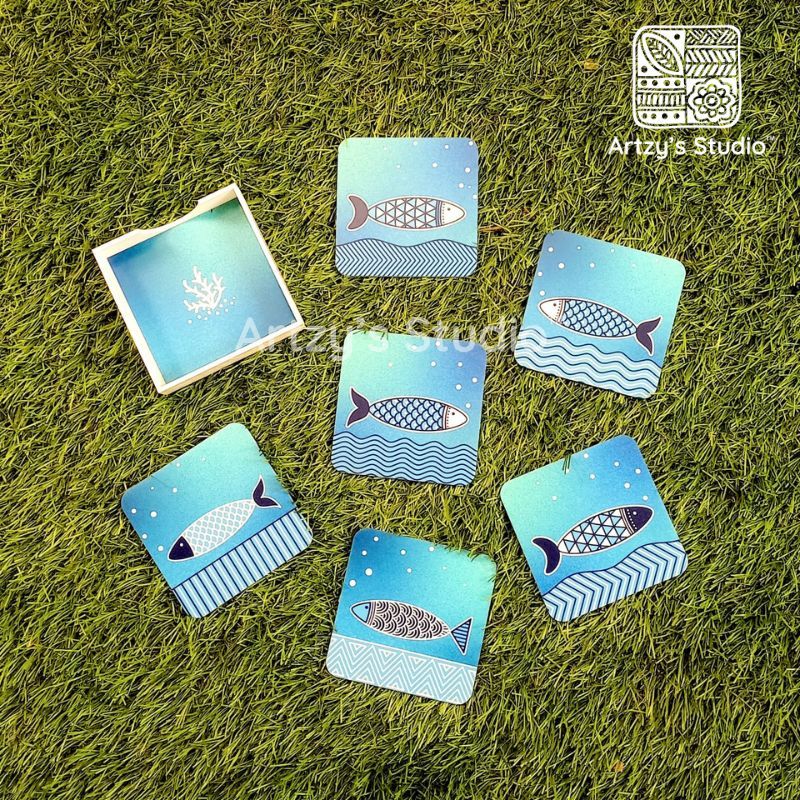 Digital Flower Blue Fish 6 tea Coaster