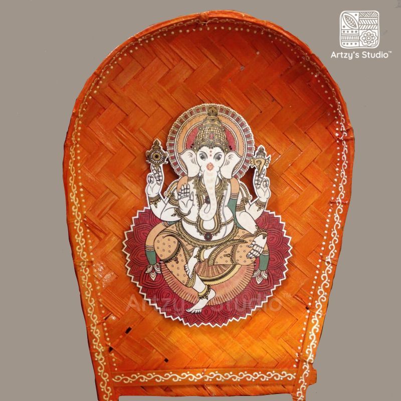 Decorated Small Sup with Small Ganpati on Lotus and Ochre BG