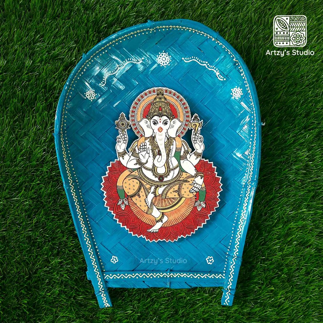 Decorated Large Sup with Large Ganpati on Lotus and Sky Blue BG