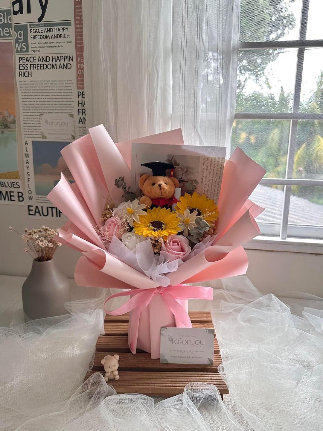 Graduation Bear Mixed Flower Bouquet