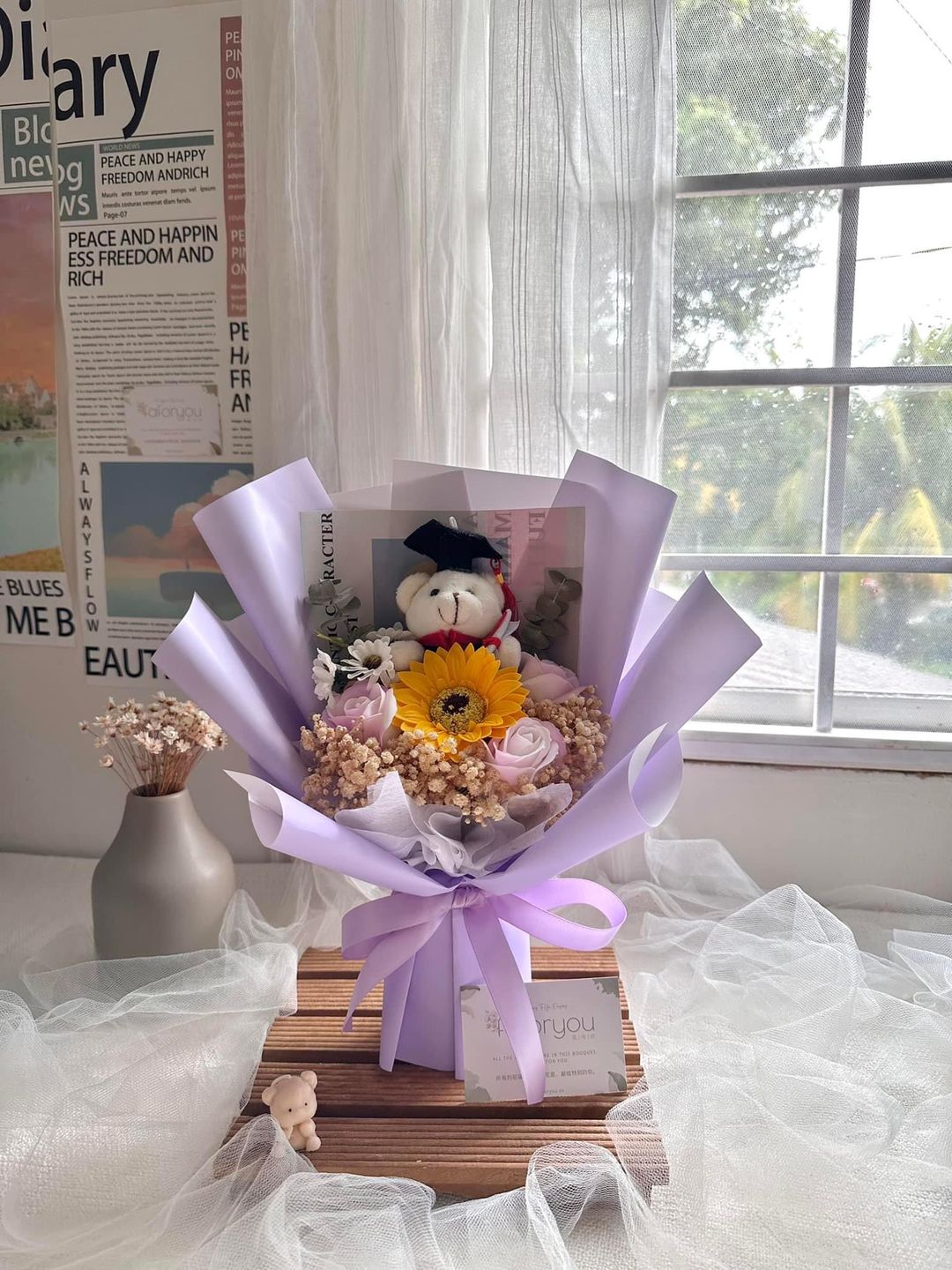 Graduation Bear Mixed Flower Bouquet