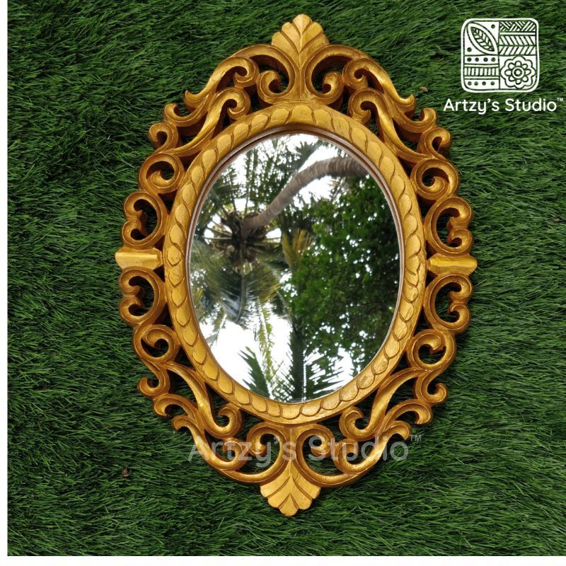 Handcrafted Carved Oval Gold Wooden Mirror Frame