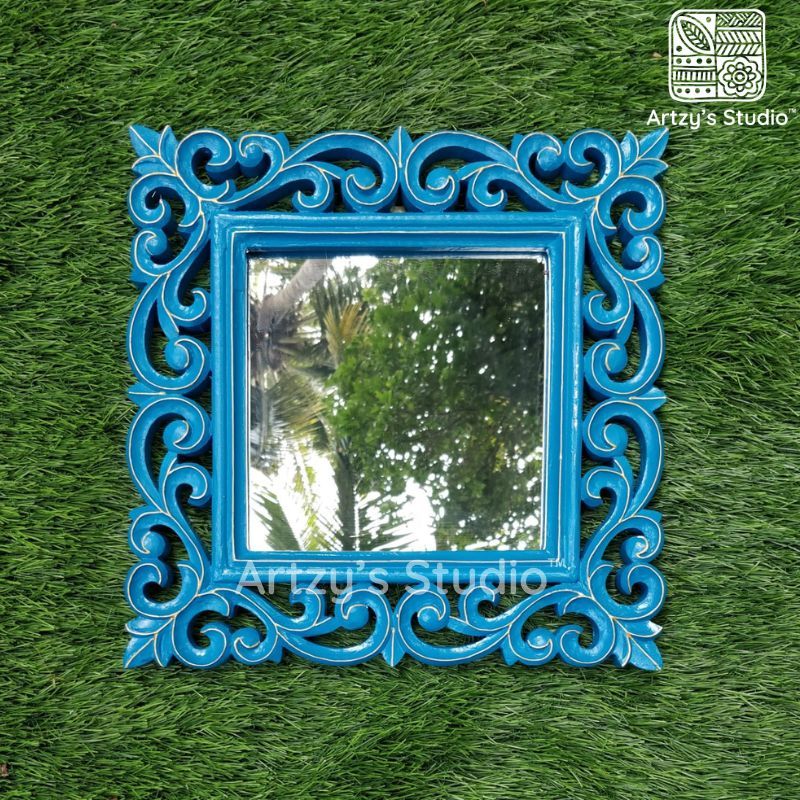 Handcrafted Carved Square Wooden Mirror Frame