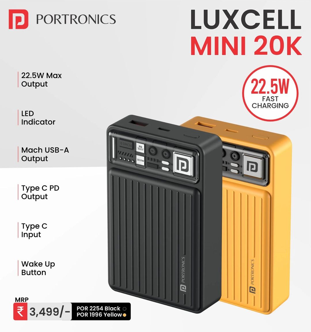 Portronics Luxcell Mini 20K Advanced 20000 mAh Smallest PowerBank with 22.5W Max Output - Assorted Color