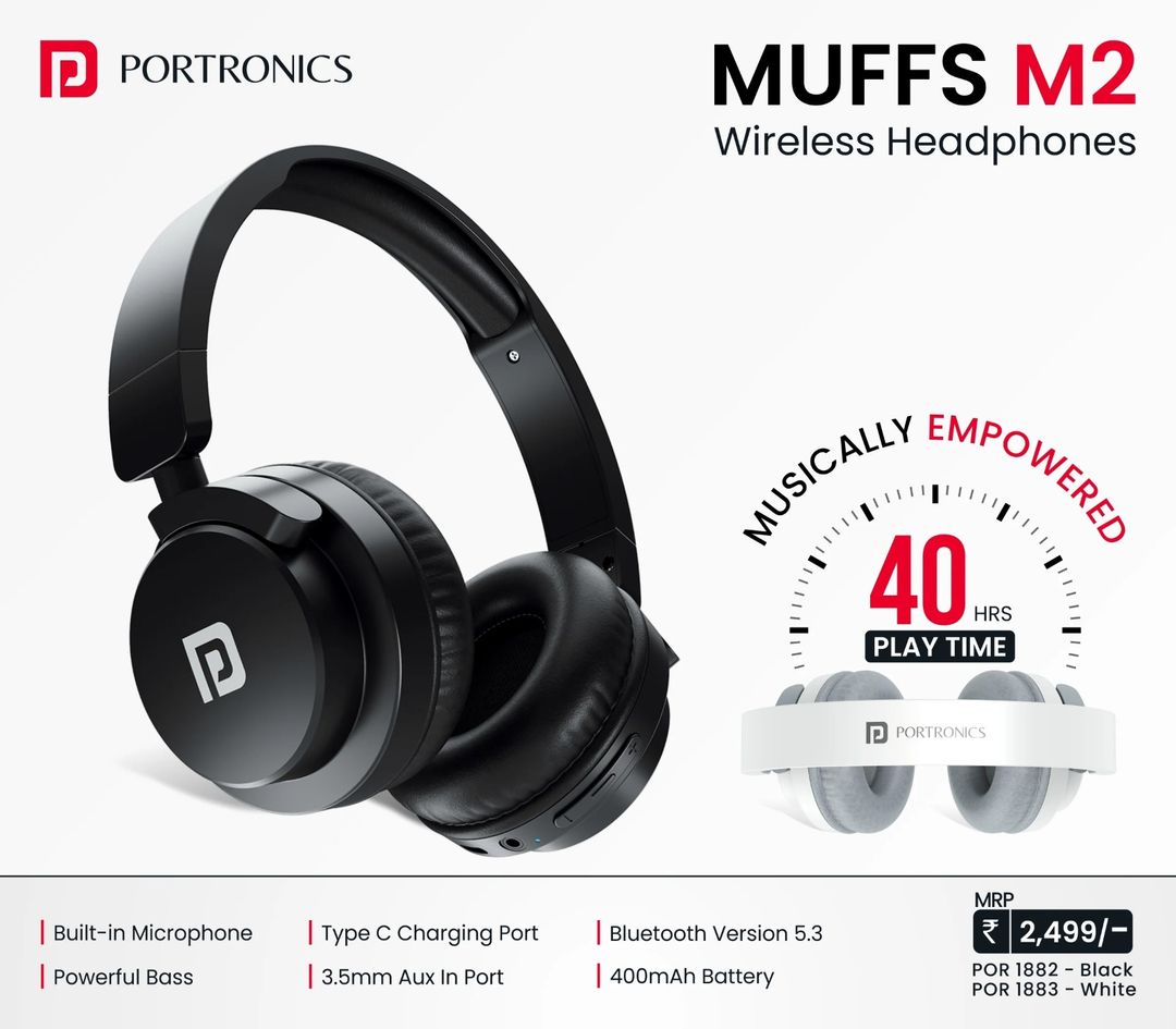 Portronics Muffs M2 Bluetooth Headphones Over Ear with Upto 40 Hrs Playtime, 40mm Dynamic Drivers - Assorted Color