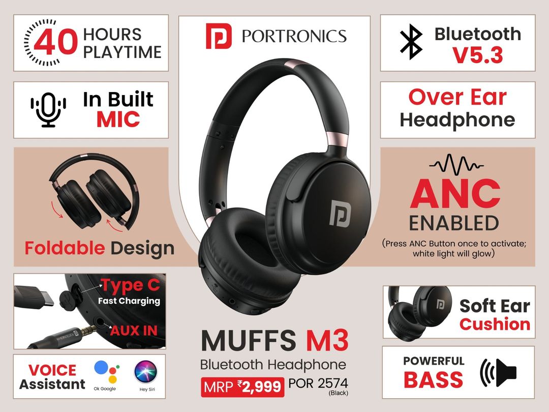 Portronics Muffs M3 Over Ear Headphones With ANC Enabled,40Hrs Playtime,In-Built Mic Bluetooth & Wired