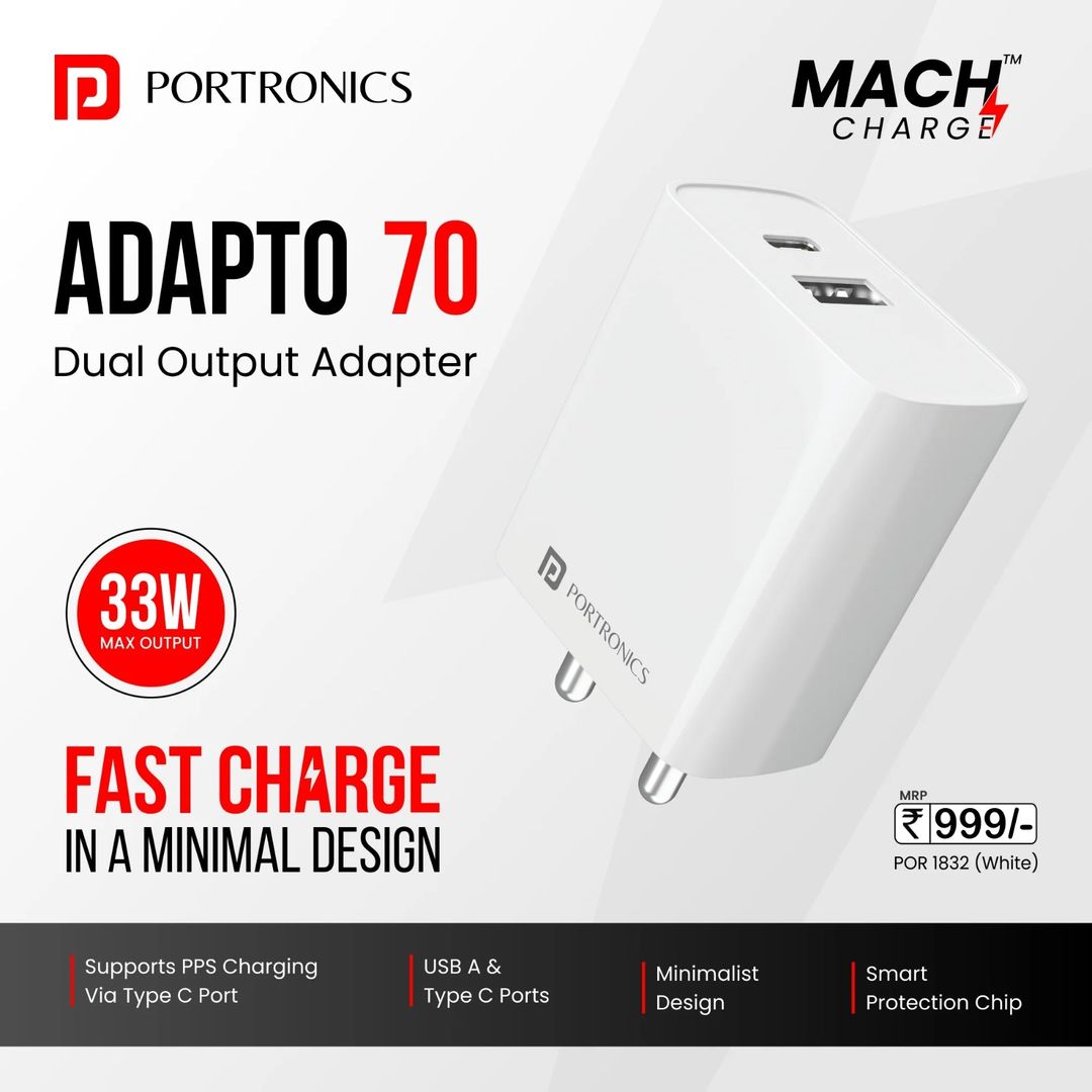 Portronics Adapto 70 33W Fast Charger Adapter with Dual Output (USB + Type C)