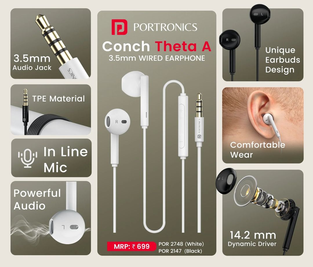 Portronics Conch Theta A in Ear 3.5mm Wired Earphones with In Line HD Mic, Powerful Audio, 14.2mm Dynamic Driver, Unique Earbuds Design, TPE Anti Tangle Wire,In line Controls,Wide Compatibility - Assorted Color