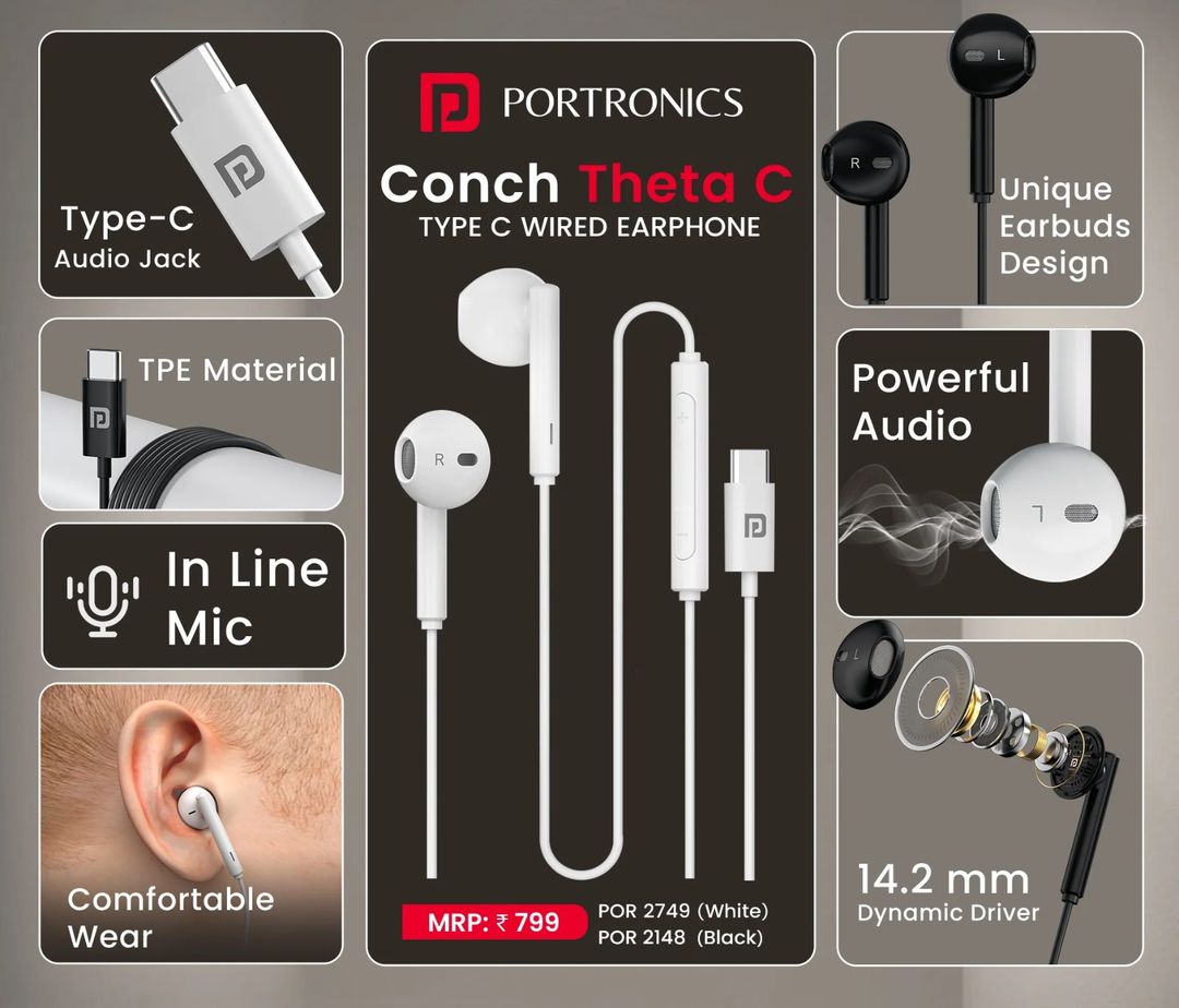 Portronics Conch Theta C in Ear Type C Wired Earphones with in Line HD Mic, Powerful Audio, 14.2mm Driver, Unique Earbuds Design, TPE Anti Tangle Wire, in line Controls, Wide Compatibility