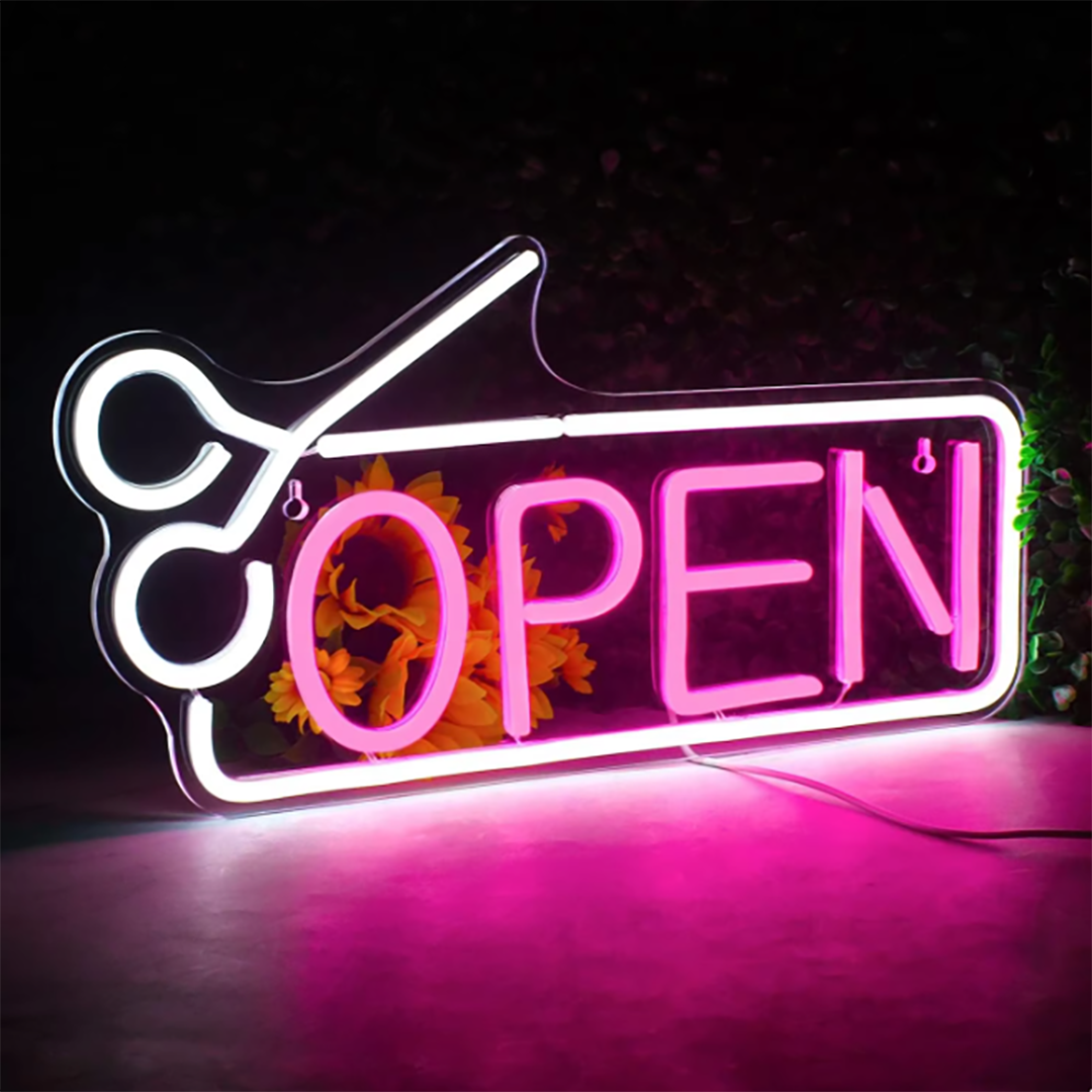 Open Neon Sign For Barber Shop, Beauty Salon 