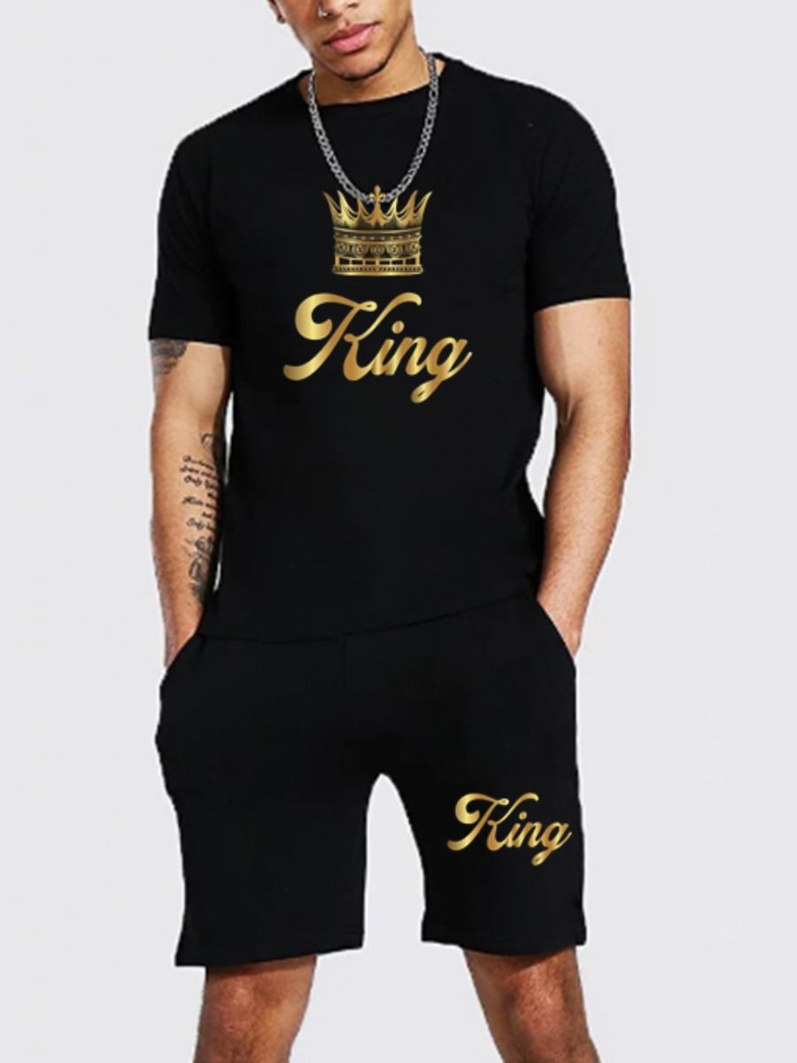 KING Letter Print Men’s Shorts Set