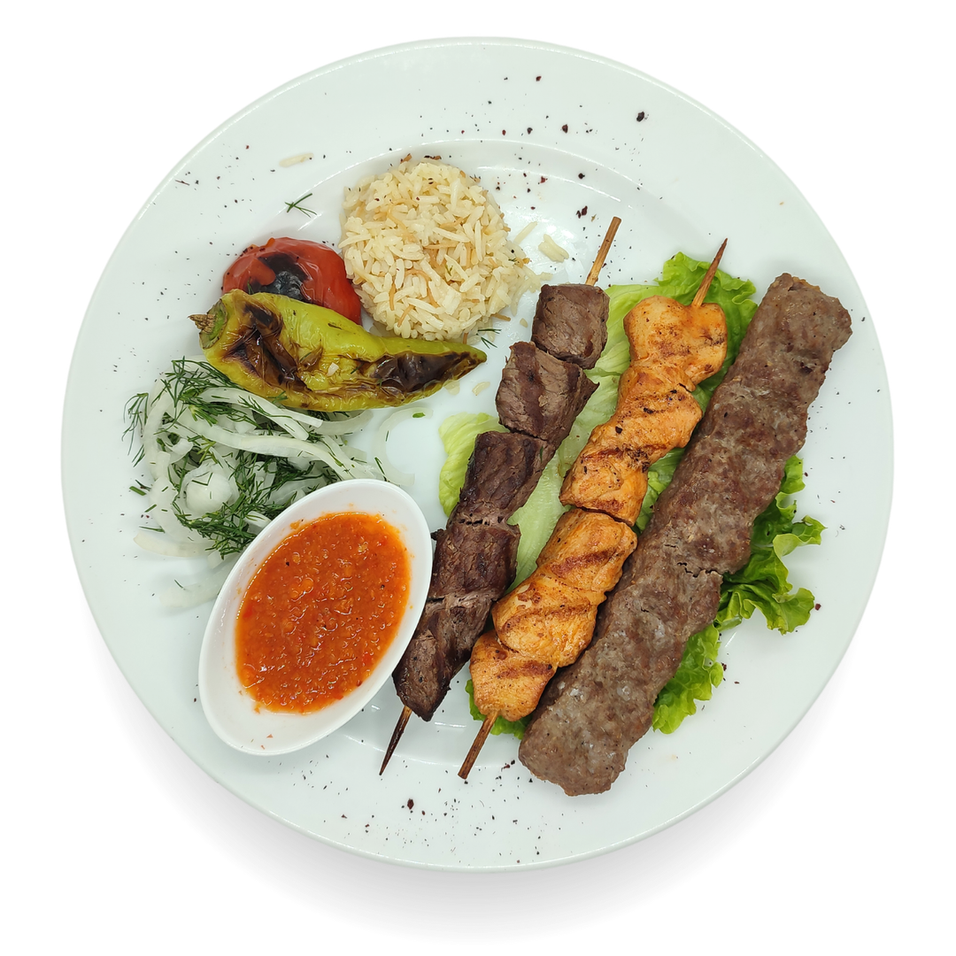 H9- 1 Beef Lule Kebab, 1 Beef Sis Kebab, 1 Chicken Sis Kebeb 