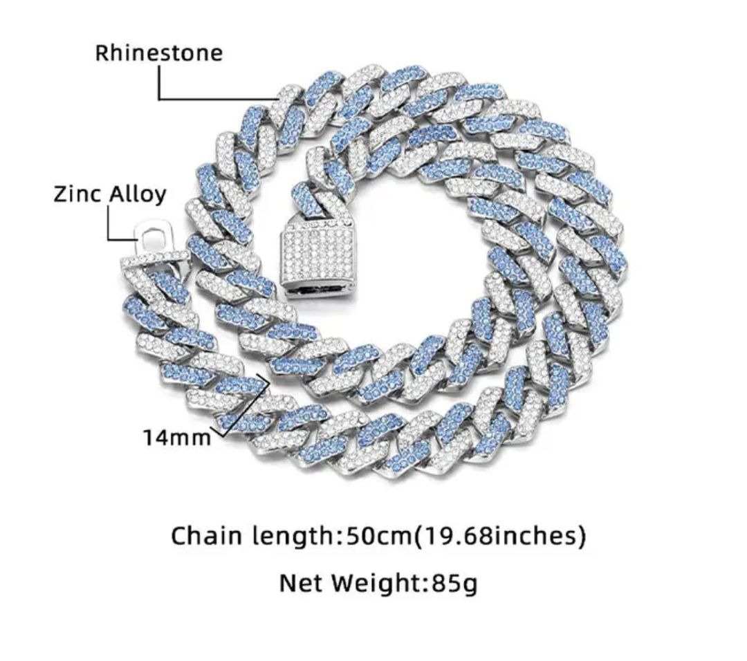 Title: 14mm Blue Iced Out Cuban Link Chain