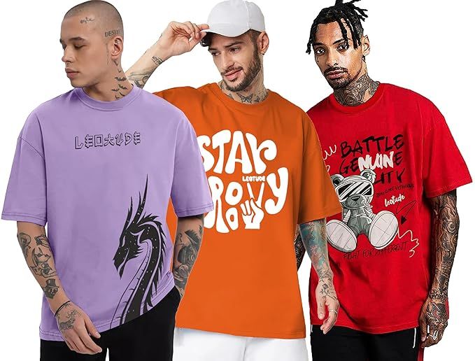 LEOTUDE-Half Sleeve Oversized Printed T-Shirt for Men, Round Neck Longline Drop Shoulder Colorful Printed Combo T-Shirt