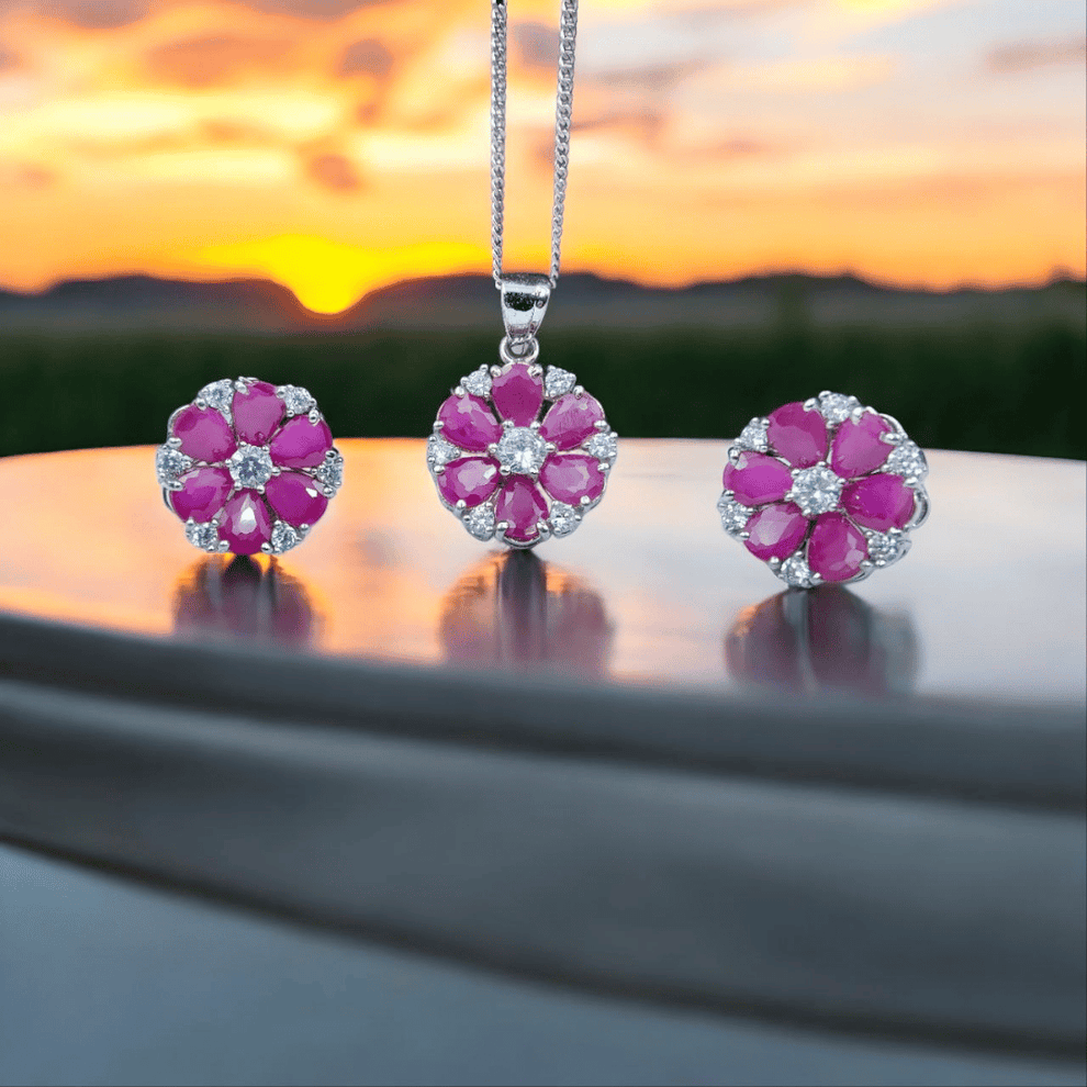 Silver Pink Flower Pendant Set for Women