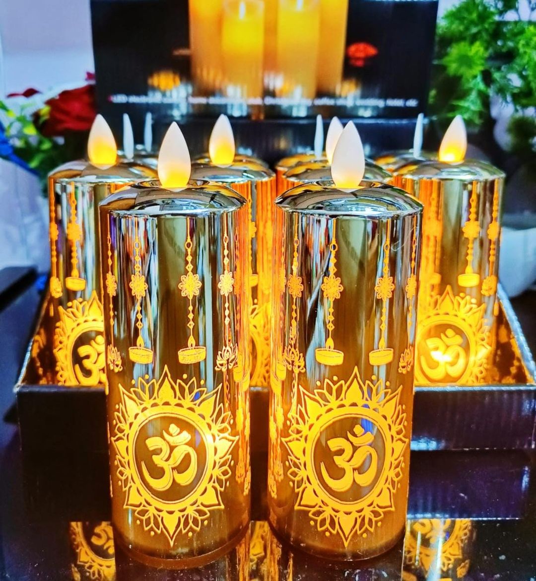 Beautiful Om Printed Flameless Flickering Candle  ( 12 piece Box ) size : 6Inch