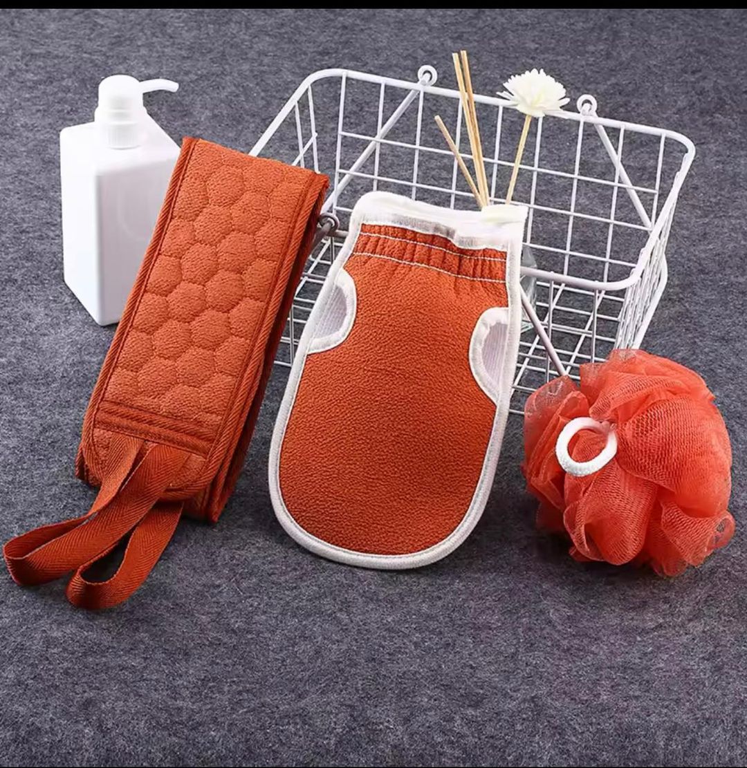Three-Piece Bath Flower Pull Back Strip Scrubbing Glove Set