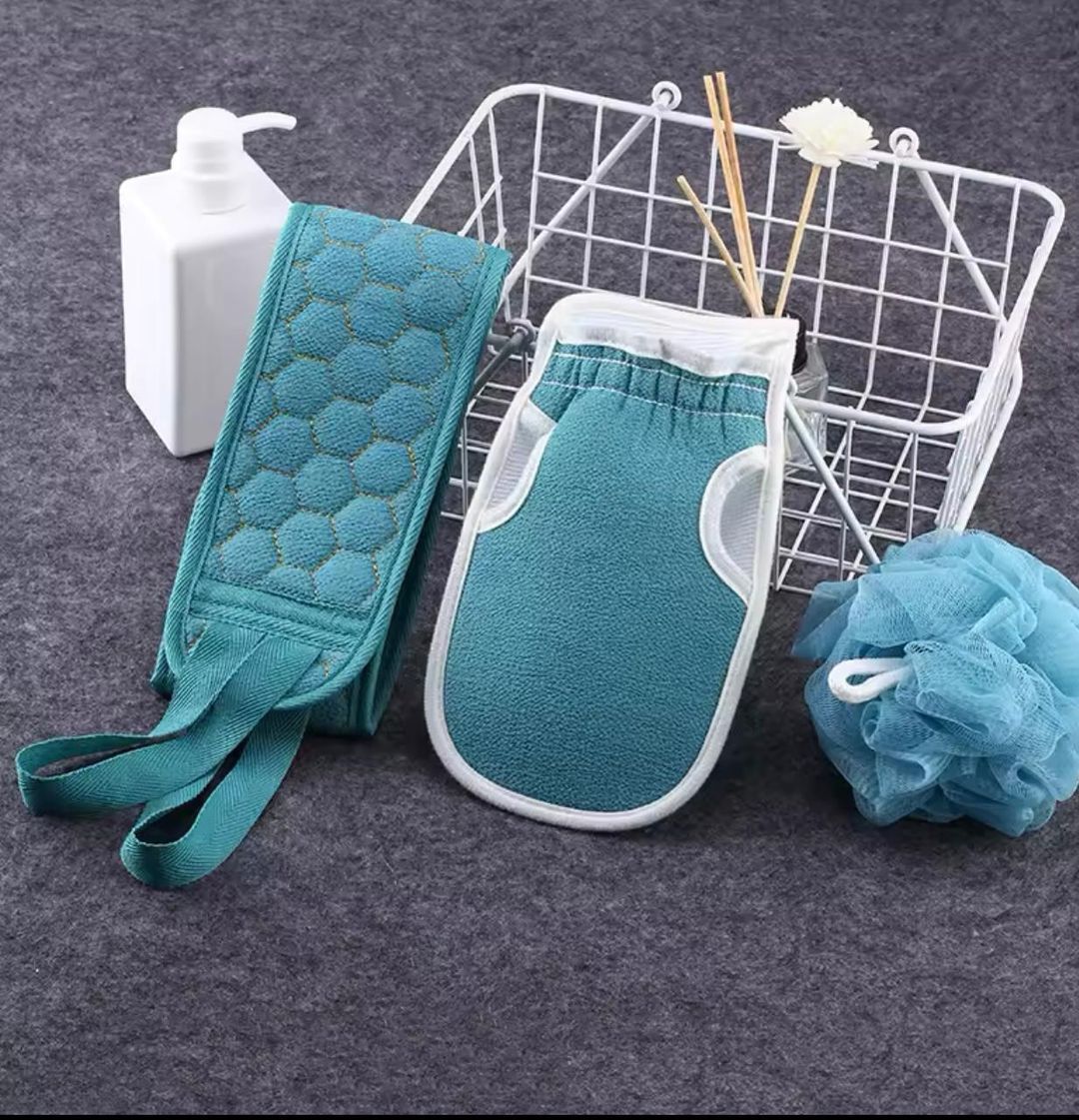 Three-Piece Bath Flower Pull Back Strip Scrubbing Glove Set