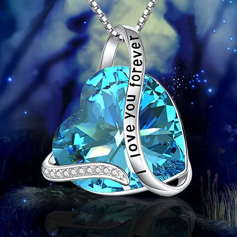 Fashion Exquisite Heart Necklace Blue Crystal Pendant I Will Always Love You Couple Jewelry 