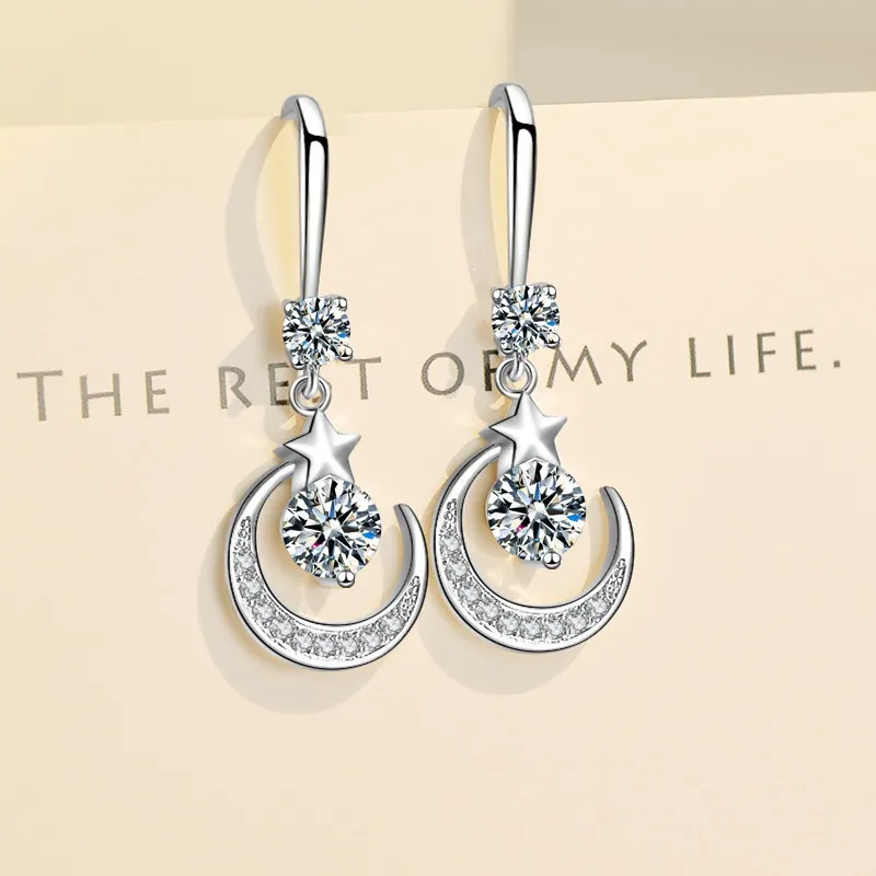 Gorgeous 925 Sterling Silver Star Moon Earrings