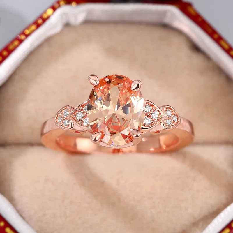 Romantic Rose Golded Plated Morganite Oval Zircon Jewelry Wedding Engagement Ring