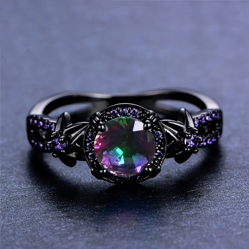 Black Zirconium Ring, Fashion Black Ring With Purple Rhinestone