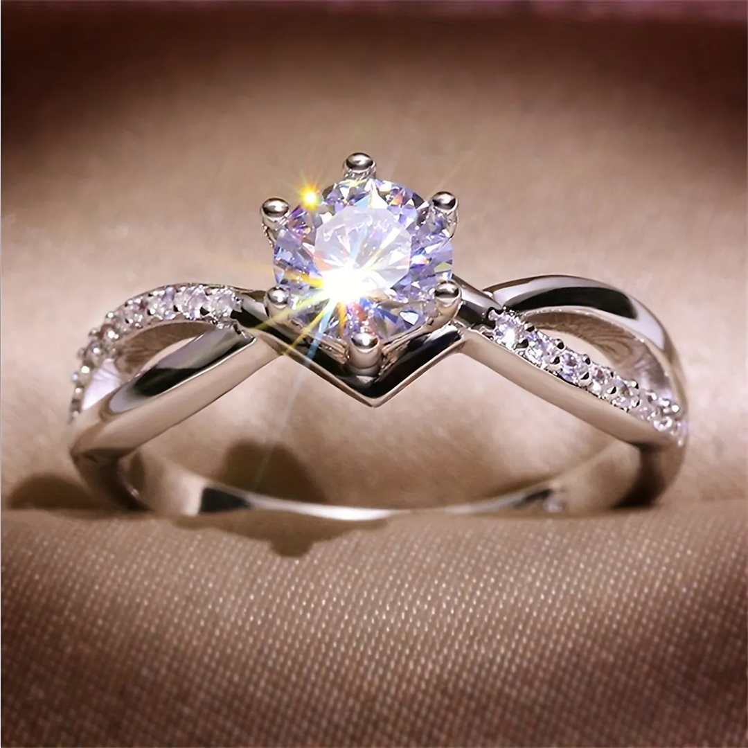 Elegant Sparkling Ring Silver Plated Inlaid Zircon Fashion Jewelry For Engagement Wedding