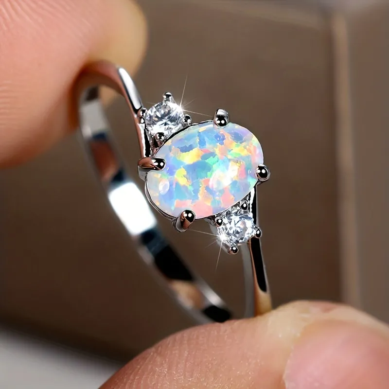 White Opal Engagement Ring Classic Silver Luxury Crystal Oval Wedding Ring