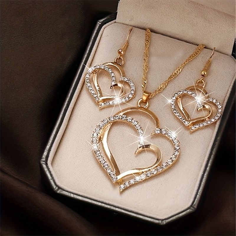 Heart Shaped Zircon Pendant Necklace, Drop Earrings