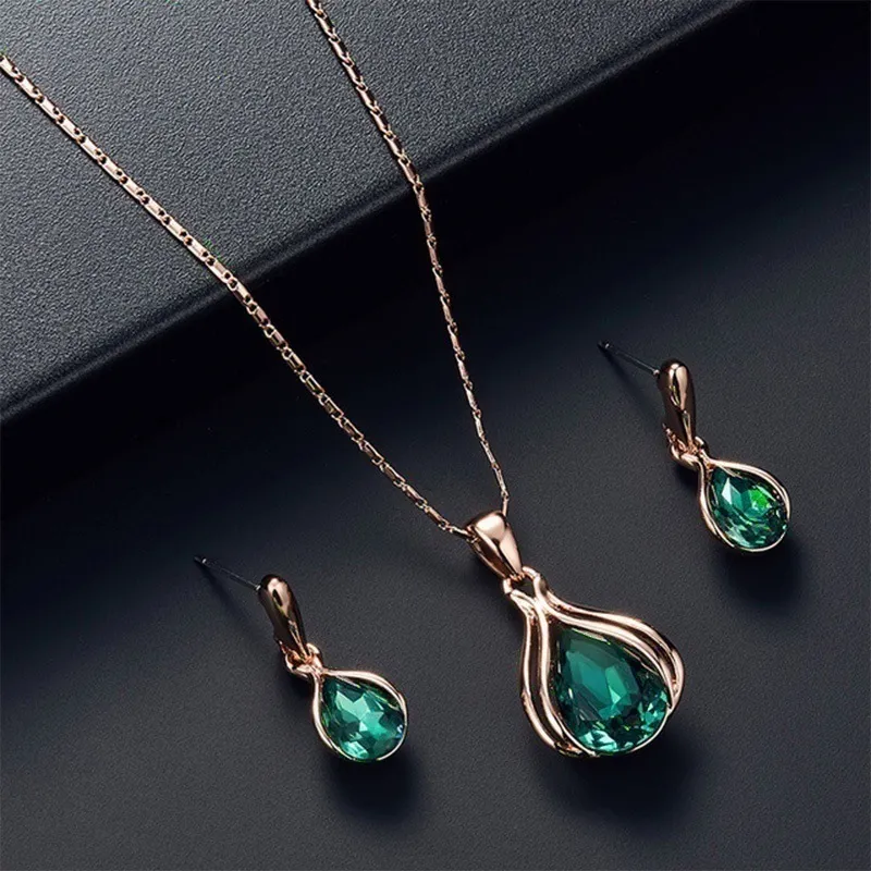 3pcs/set Water Drop Shape Green Or Blue Color Imitation Crystal Pendant Necklace Earrings