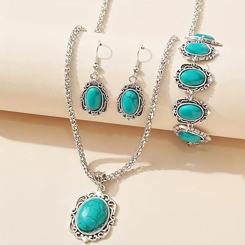 3pcs, Bohemian Jewellery Set, Vintage Turquoise Necklace Bracelet Earrings Set, Bohemian Style