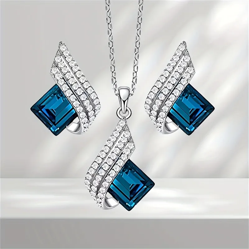 Blue Shining Diva Fashion Angel Wings Crystal Pendant Necklace, Jewellery Set