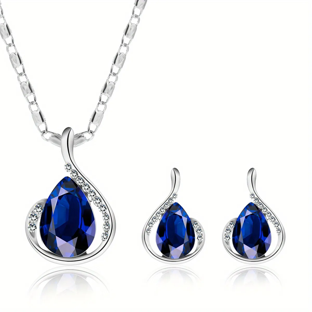 Inlaid Water Drop Shape Shiny Zircon Elegant Jewelry Set With Pendant Necklace & Stud Earrings