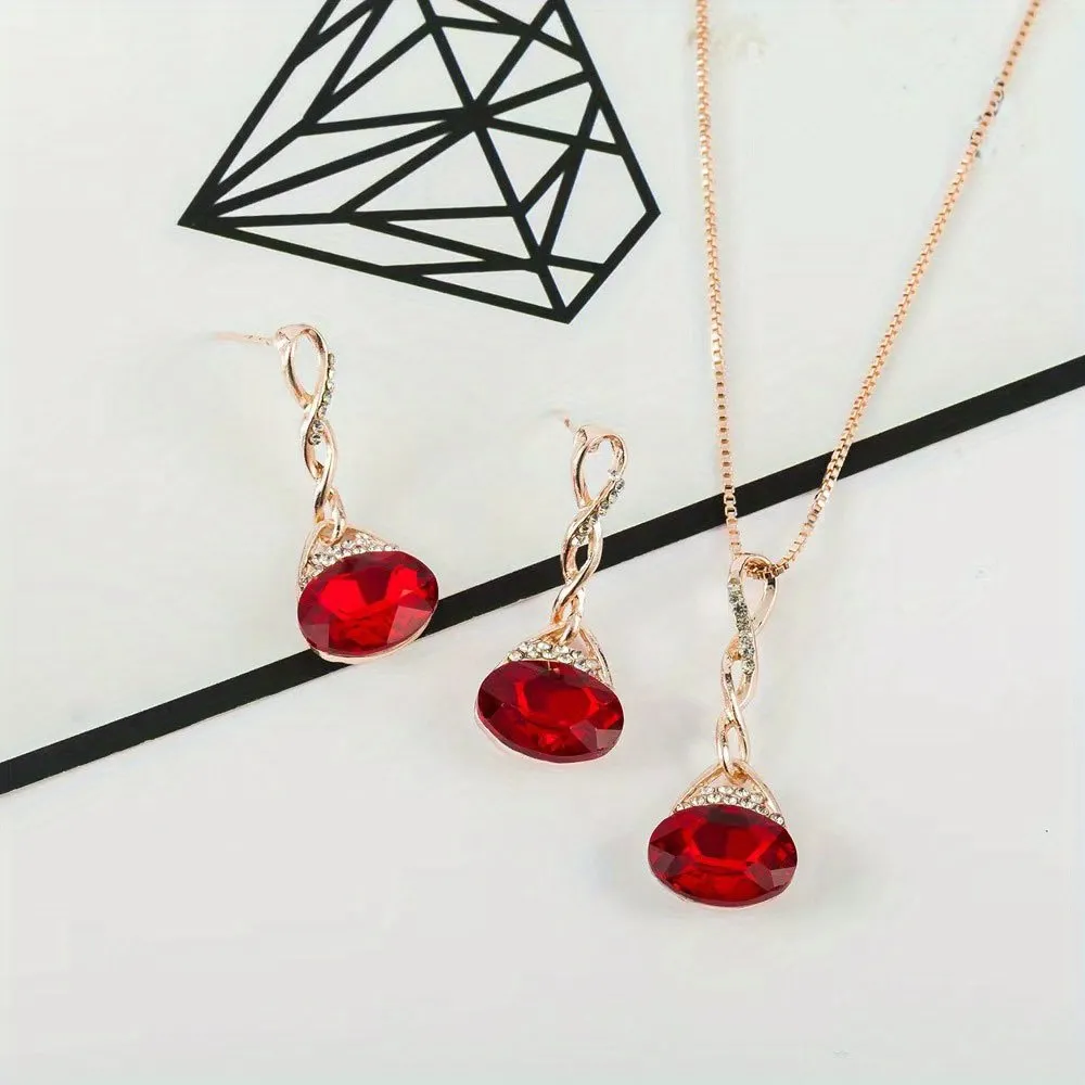 Fashion Simple Faux Crystal Pendant Necklace Earring Artificial Jewelry Set