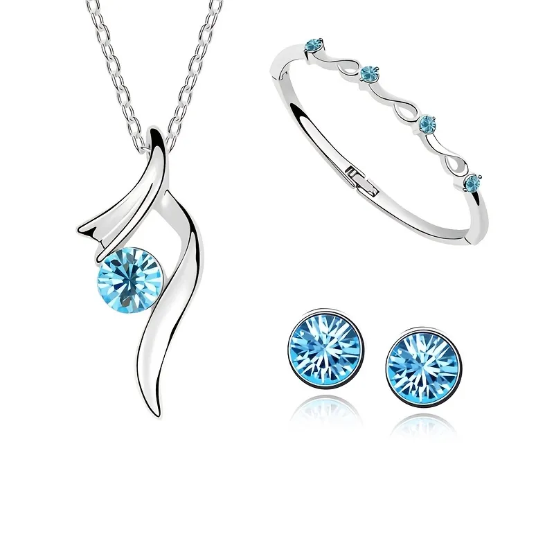 Elegant Crystal Earrings Pendant Necklace Bracelet Jewelry Set For Women Girls Decor