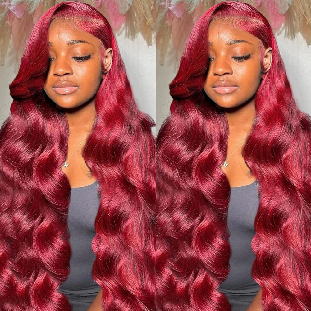 32 Inch Body Wave Lace Front Wigs Human Hair 99j Burgundy 13x4 HD Lace Frontal Wigs Human Hair 200% Density Wine Red Body Wave Human Hair Wigs for Black Women Brazilian Virgin Human Hair Wig