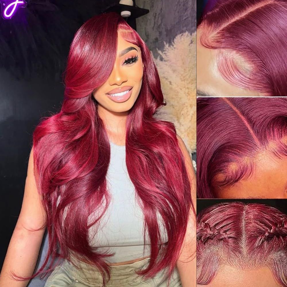 99j Burgundy Lace Front Wigs Human Hair 13x4 Body Wave Wig 180% Density Glueless Frontal Wigs Human Hair Pre Plucked Brazilian Virgin Human Hair Wigs Colored Wine Red for Women (22inch)