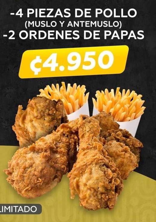 4 Piezas de Pollo (muslo y ante muslo) + 2 ordenes de papas