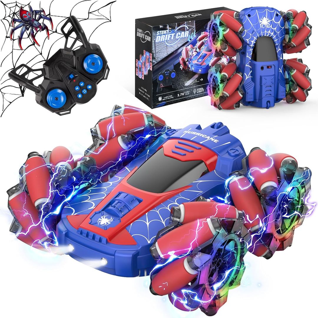 Voiture télécommandée NQD Spider, double face 360°Voitures RC tout-terrain rotatives 4 roues motrices avec musique, RC Stunt Car avec Cool Light 2.4 GHz Rechargeable Race Stunt Toy Car pour Garçons et Filles 