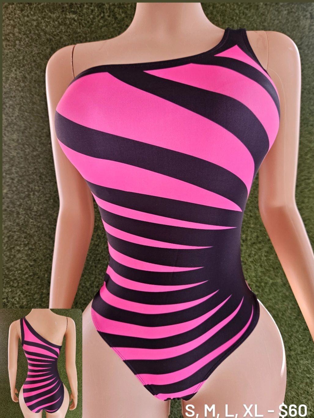 Pink & Black One Shoulder One Piece 