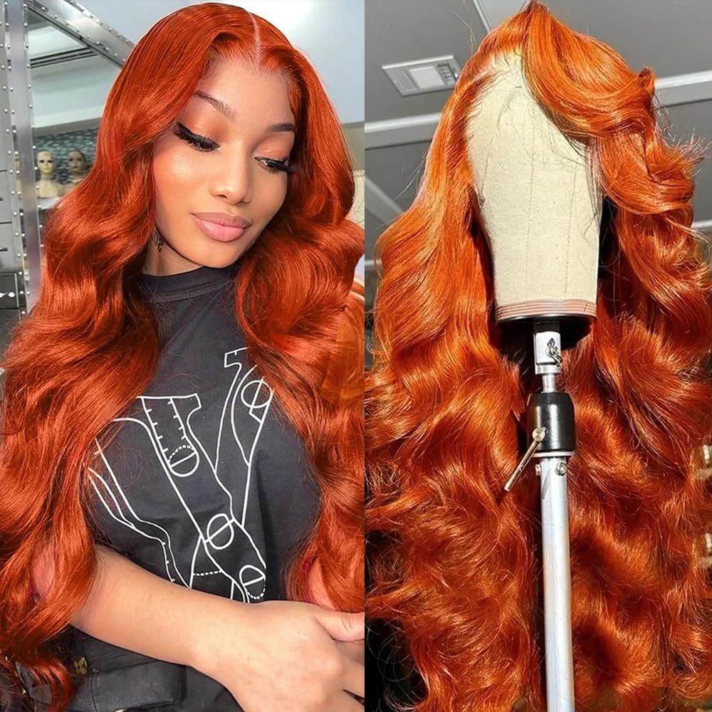 Ginger Orange 30 Inch Lace Front Wigs Human Hair Body Wave Wavy 13x6 HD Lace Front Ginger Glueless Wigs Human Hair 180% Density Transparent Lace Frontal...