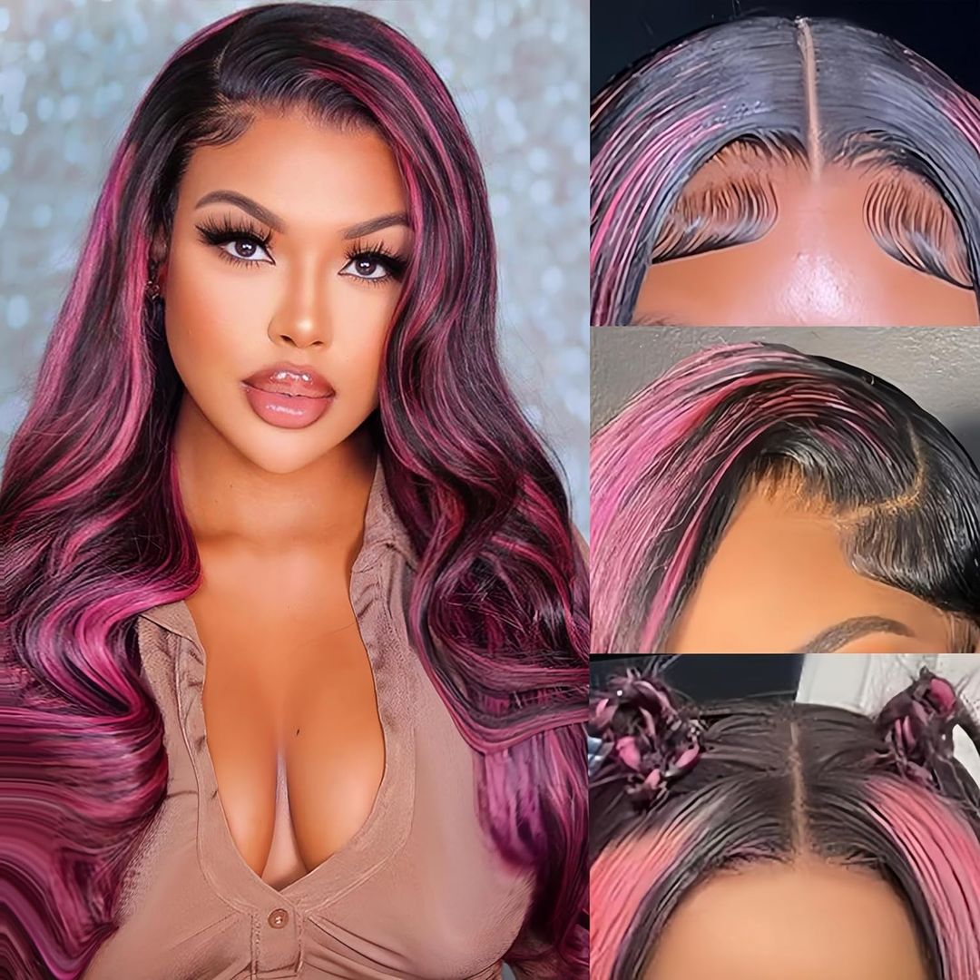 Highlight Lace Front Wig Human Hair 1B/Pink Colored Lace Front Wigs Human Hair 13x4 Body Wave Ombre Pink Wig Skunk Stripe Human Hair Wig Glueless Wigs 180%...