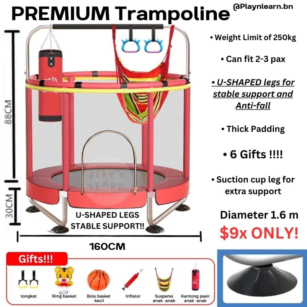 TRAMPOLINE PREMIUM FAMILY SIZE RED 1.6METER (INSTOCK)