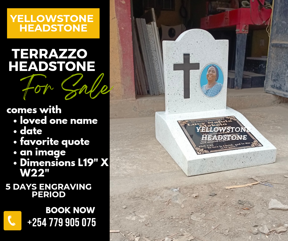 White terrazzo memorial grave headstone