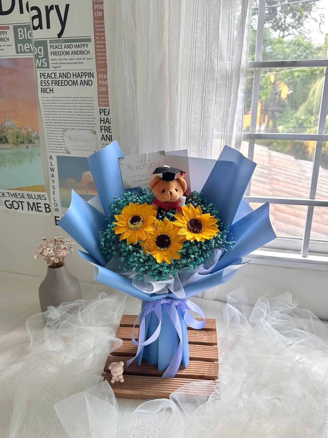 Graduation Bear Baby Breath Bouquet